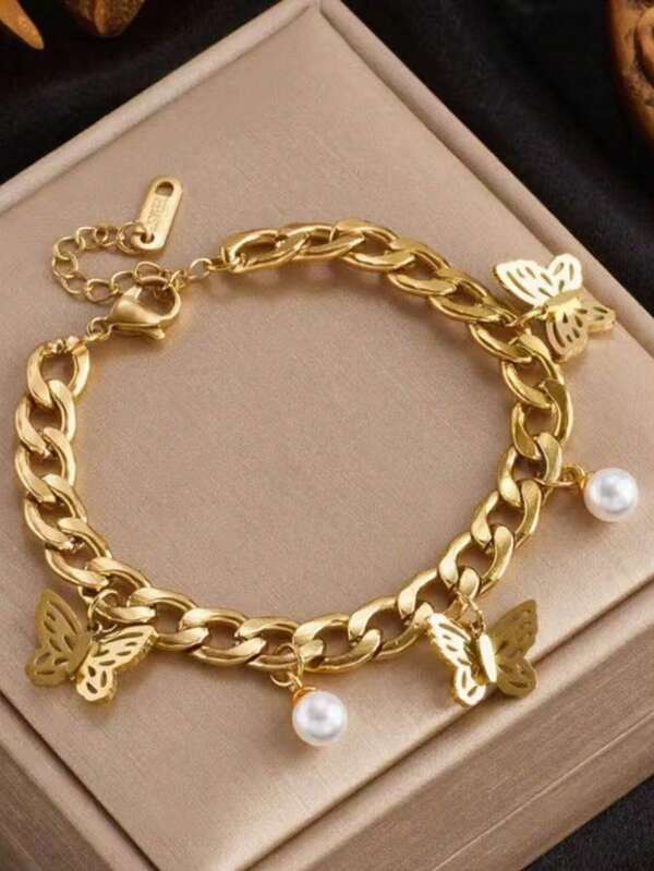 1pc Women's Fashionable Stainless Steel Butterfly & Pearl Decor Chain Bracelet, Suitable For Wedding, Date, Travel, Party, Holiday Outfit, Gift