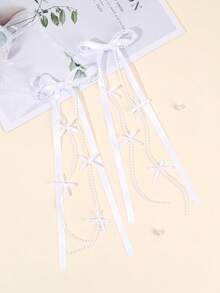 2个白色流苏发夹，女士/女孩纯色丝带流苏蝴蝶结鳄鱼夹，仿珍珠流苏蝴蝶结发夹，优雅仿珍珠流苏蝴蝶结发夹，婚礼/节日双马尾蝴蝶结发夹，女士发饰，爪夹，发夹，发饰，发卡 - 白色 - 查看 6