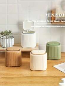 1个豪华迷你垃圾桶，带翻盖 - 密封防臭，双桶设计，适用于家庭、办公室和汽车 - 提供米色、棕色和绿色可选，厨房和浴室垃圾桶，家居装饰 | 现代迷你垃圾桶 | 塑料材质，家用垃圾桶，小型桌面垃圾桶，适用于浴室、家庭办公室桌面装饰、咖啡桌、办公室、客厅、书房、厨房、梳妆台、卧室、浴室 - 彩色 - 查看 2