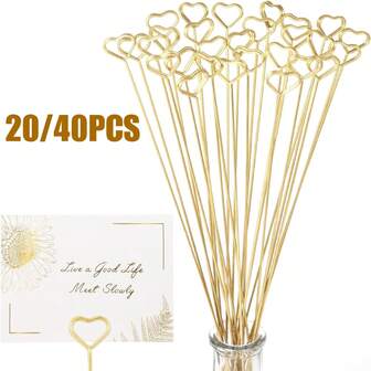 20/40 piezas, Soporte de alambre metálico en forma de corazón para tarjetas de lugar, sujetador de fotos y notas, soporte para tarjetas florales doradas para bodas, fiestas, cumpleaños, oficina, decoración de pasteles, baby shower, flores y regalos