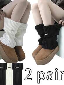 1/2 Pairs Women's Soft Elastic Rib Design Leg Warmers With Buckle Details, Comfortable Cold Weather Accessories, Fashionable Casual Seasonal Clothing Christmas Gift