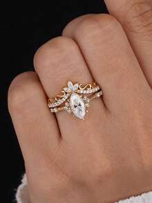 2pcs/Set Horse Eye Pattern Ring Jewelry Set - Fashionable Lucky Flower Jewelry Set, Suitable For Daily Wear, Christmas, New Year, Valentine's Day And Other Holiday Gifts - Gold - View 5