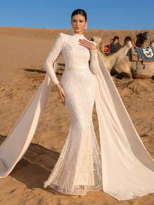 Faeriesty Langärmeliges Abendkleid mit Stehkragen, fließendem Cape und Fischschwanzsaum - geeignet für Galas, rote Teppiche, Hochzeiten, formelle Abendessen und andere formelle Anlässe - Champagnerfarben - Übersicht 4