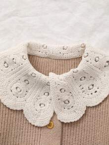 Tween Girl Knitted Embroidered Floral Decor Long Sleeve Cute Cardigan - Màu Khaki - Xem 5