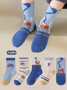 5 Pairs Kids Boys' Cartoon Car Print Crew Socks (1-12 Years Old) - Soft And Simple Mid-Calf Socks Suitable For Boys, Versatile For Student, Casual Street Style, Suitable For All Seasons Outdoor And Daily Wear
