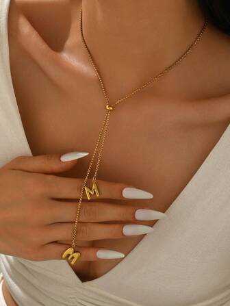 1 件时尚不锈钢 26 个 A-Z 首字母吊坠项链 3D 字母字母吊坠可调节项链适合女士珠宝生日情人节礼物适合日常佩戴