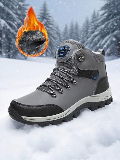 Unisex Hiking Boots, Outdoor Sports Warm High-Top Shoes For Autumn/Winter, PU Waterproof Snowboots, Trekking Boots, Outdoor Camping Hiking Shoes, Anti-Slip Durable, Black/Grey Lace-Up Snow Boots, Size 36-48