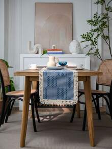 1pc Farmhouse Nordic Minimalist Holiday Party Geometric Pattern Tassel Table Runner, Home Decor, Photoshoot Backdrop, Multi-Color, Elegant European Style