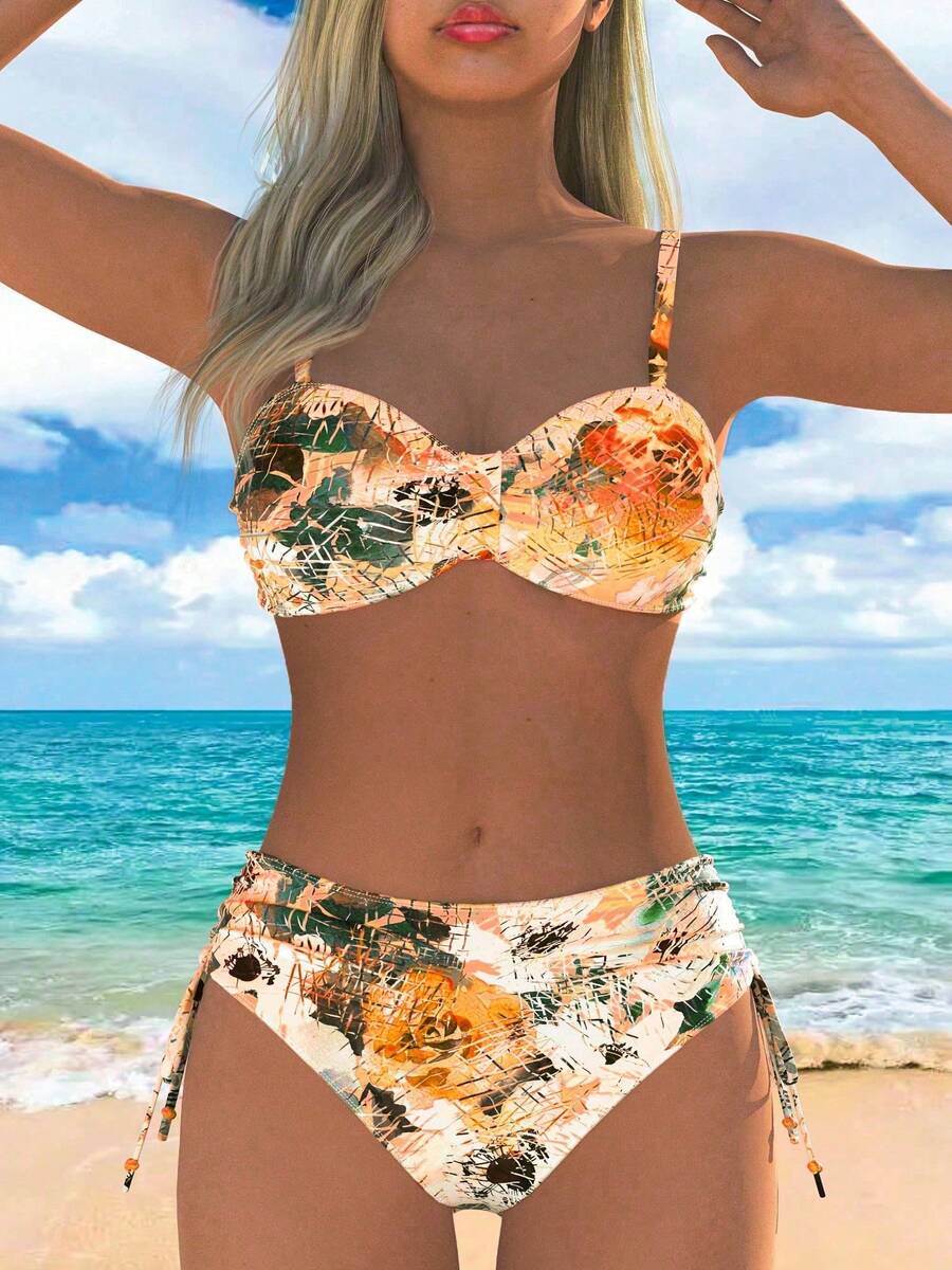 Women's Summer Beach Full-Print Floral Spaghetti Strap Bikini Set 2 Pieces Set Vacation - Orange - View 1