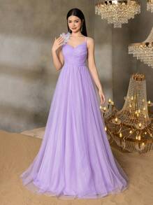 Alisa&Leo Teen Girls' Ruffled Tulle Formal Dress With Floral Embellishment & Adjustable Spaghetti Straps, Fitted Ruched Bodice & Sheer Tulle Skirt With Back Zipper Closure For Graduation Proms, School Formal Events, Wedding Guest Outfits & Elegant Evening Parties