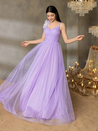  Vestido formal con volantes de tul para adolescentes de Alisa&Leo, con adornos florales y tirantes ajustables de espagueti, corpiño fruncido ajustado y falda de tul transparente con cierre de cremallera trasera para graduaciones, bailes escolares, eventos formales, invitados de boda y fiestas elegantes de noche.