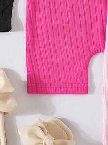 3 pièces Ensemble de combinaison côtelée de couleur unie pour bébé fille, vêtements de sport et extérieur - Rose bonbon - Voir 4