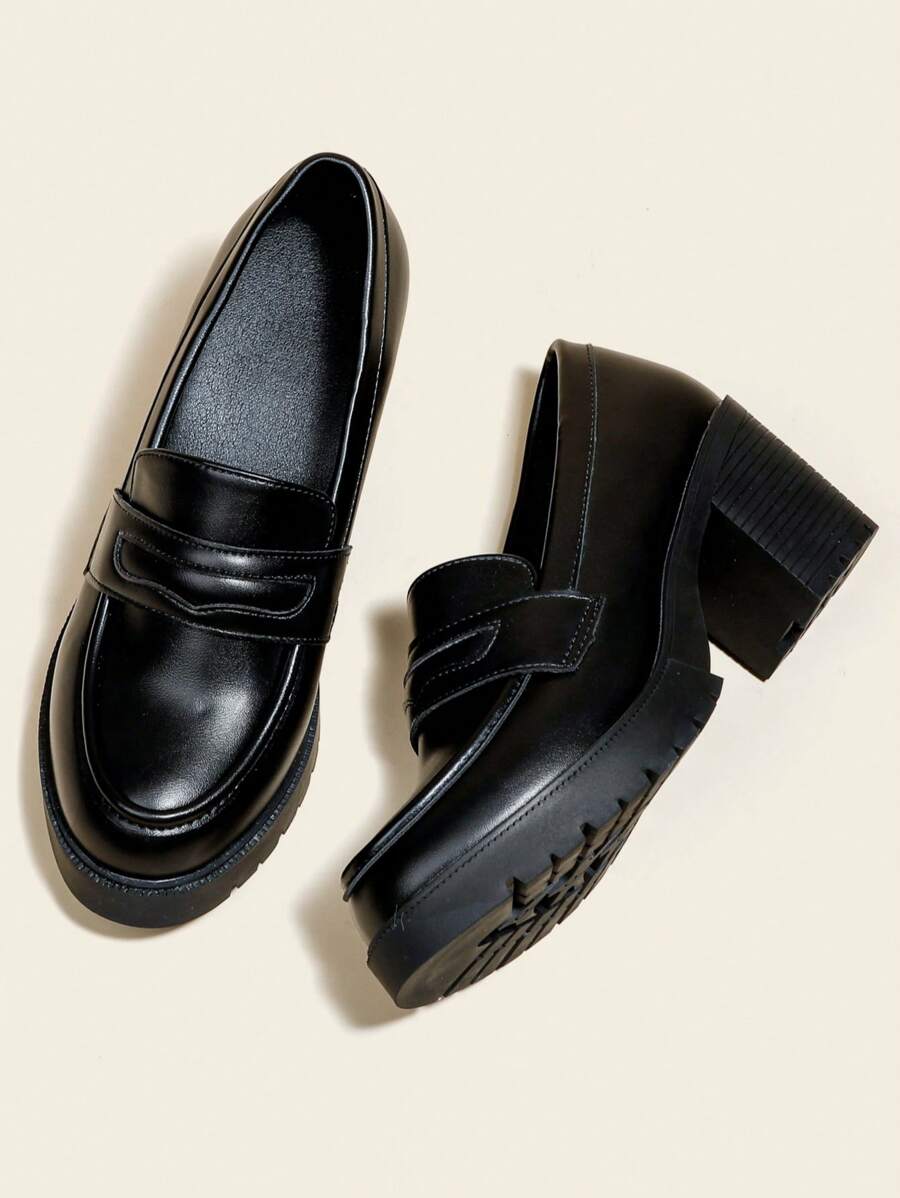 秋冬女士黑色厚底高跟鞋，防水厚底乐福鞋，工作鞋，漆皮正装鞋，优雅 - 黑色 - 查看 1