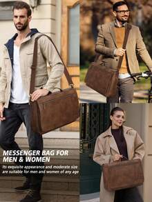 NEWHEY 15.6 Inch Men's Genuine Leather Messenger Bag, Vintage Briefcase, Large Capacity Laptop Bag, Shoulder Bag Suitable For University, Work, Business, Office - Brown - View 3