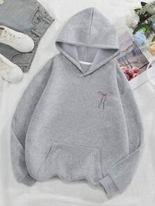 少女标语卡通蝴蝶结印花卫衣，休闲长袖纯色上衣，春秋季可爱宽松套头衫，带口袋