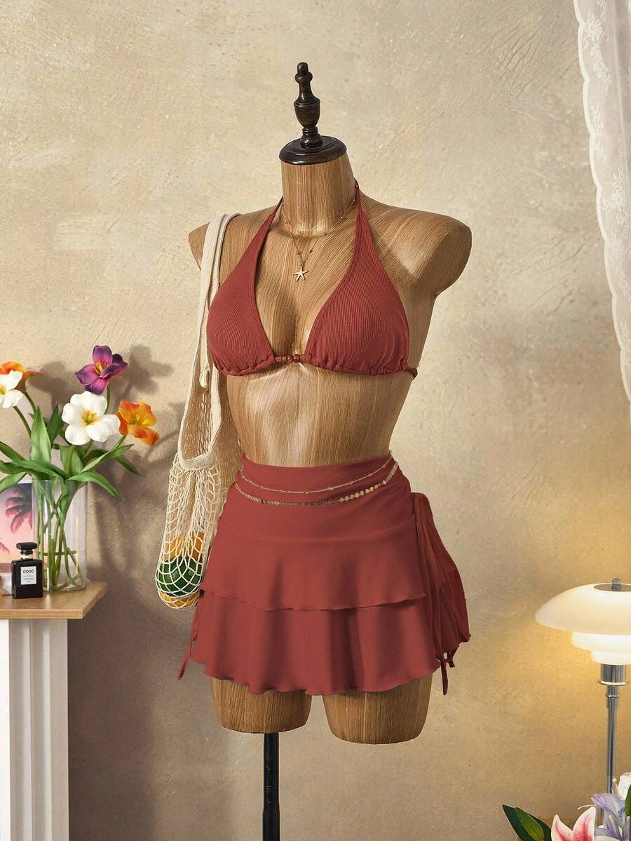 Bellisia Top de biquíni com miçangas e detalhes para mulheres, ideal para férias na praia no verão