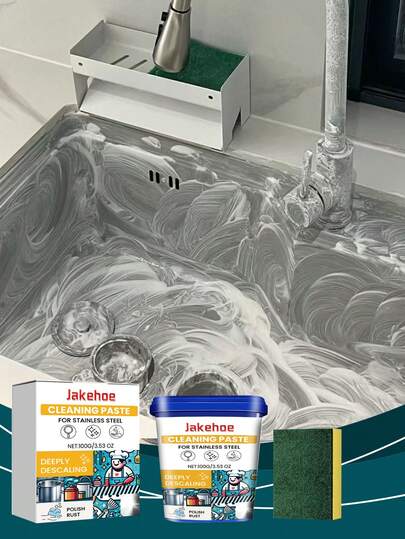 jakehoe Pasta de limpeza multiuso para cozinha Jakehoe, limpador de utensílios de cozinha de aço inoxidável, removedor de ferrugem e manchas, adequada para torneiras, maçanetas, banheiros, limpeza de pias de cozinha, remove sujeira e gordura com eficácia