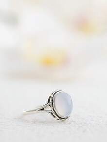 Natural Blue Agate Solid 925 Silver Ring 10x8mm Banded Stone Milgrain & Seed Bead Vintage Adjustable Band, Art Nouveau Natural Crystal Jewelry Antique Statement Promise Gift