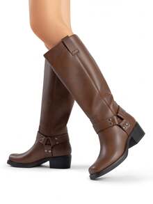 Women's Square Toe Motorcycle Knee High Boots Riding Pull-On Fashion Chunky Low Heel Buckle Decorated Long Boots For Women - Brown - View 6