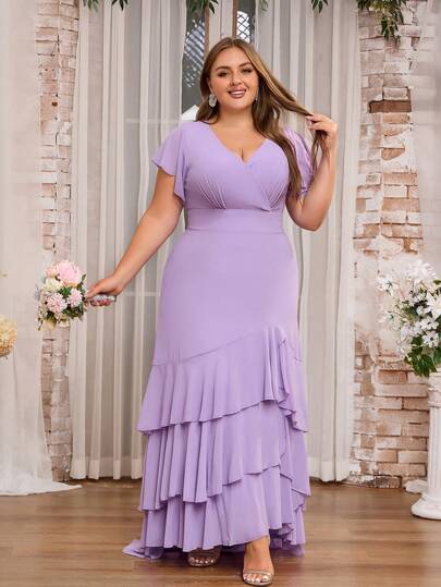 Women Plus Size Elegant Solid Color Elegant Mature Romantic Elegant Chiffon Ruffle/Flounce Curve V-Neck A-Line Cocktail Party Dress For Wedding Guest Maid Of Honor Mother Of Bride Formal Evening Dresses, Party, Wedding, Formal, Spring/Summer/Autumn/Winter