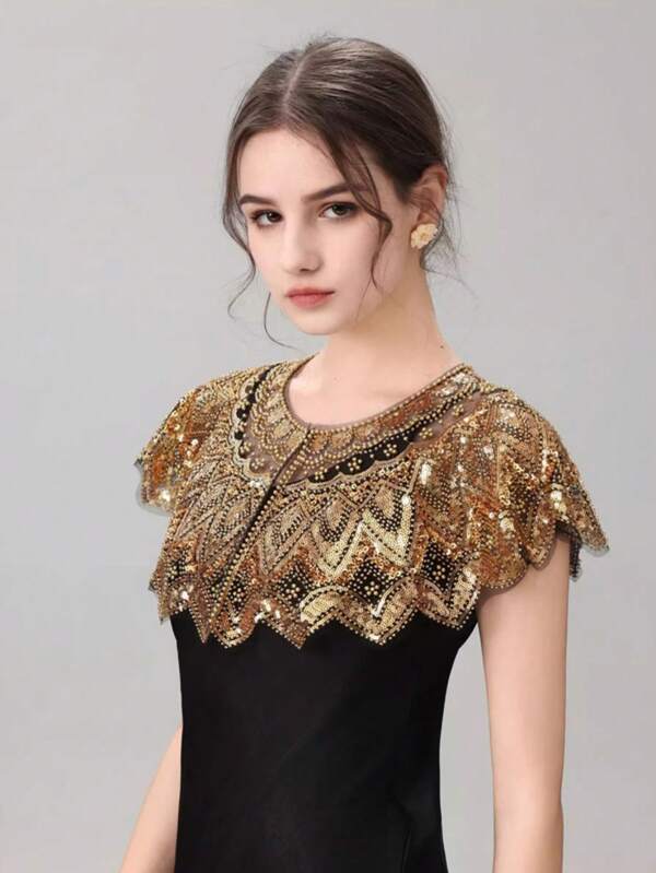 New Sequin & Beaded Shawl Collar Bolero Jacket, Glittering Short Formal Dress Outerwear, Retro Vintage Style, Gold Color