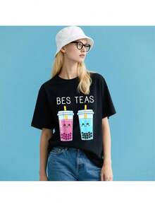 Bubble Tea Boba Tapioca Beads Milk Drink Kawaii Friend T-Shirt Fall Women Clothesbubble Clothes - Black - View 1