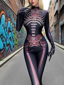 1 件女式性感骷髅服装紧身衣，适合万圣节派对、直播、角色扮演