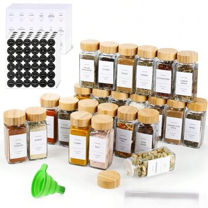 12pcs 40oz Square Seasoning Canisters, Pepper Powder Bottles 120ml Bamboo/Wood/Glass Condiment Jars Set