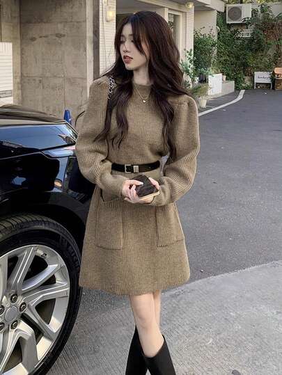 2025 Solid Color Waist Pocket Casual Home Wear Long Sleeve Knit Dress For Women, Autumn/Winter