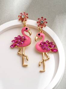 1 paire de boucles d'oreilles style flamant rose rose européenne et américaine avec fleur en cristal pendante, boucle d'oreille pour femmes, boucles d'oreilles en cristal multicolores scintillantes, convient pour les sorties quotidiennes des femmes