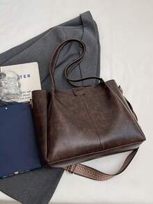 New Elegant Patchwork PU Leather Tote Bag, Simple Fashion Foldable Large Capacity Handbag For Women, Daily Work Commute Travel Casual Bag, Great Gift For Mom - Coffee Brown - View 7