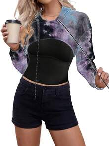 Women Crop Top Pullover Sweatshirt Long Sleeve Drawstring Hoodie - 黑色紫色 - 查看 6