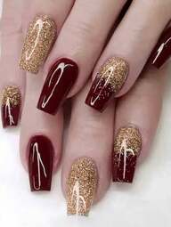 Instantly Upgrade Your Look With 24pcs Coffin Square Press On Nails Set Elegant Burgundy Glitter Fake Nails Fashion Gold Loose Powder Fake Nails Full Coverage Fake Nail Tips For Women And Girls Includes 1 Sheet Adhesive Tabs & 1 Pc Mini File Strip Jelly Gel Random Shipment