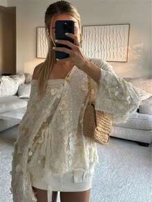 Women Sequin Wrap Tie Front Crochet Knitted Cardigan Y2K Sparkly Oversized Blouse Sheer Mesh Jacket Lace Up Glitter Coats For Concert Party Summer Beachwear Swimsuit Cover Ups - 白色 - 查看 2