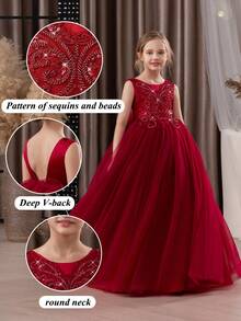 少女勃艮第手工串珠亮片装饰 V 领优雅派对礼服，公主裙适合女孩生日派对、宴会、舞会、花童婚礼伴娘礼服、节日庆典 - 酒紅色 - 查看 3