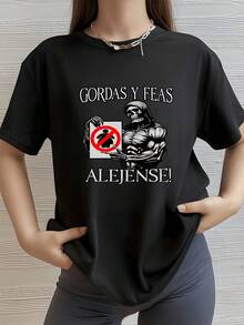 Esqueleto Musculoso Camisa de T con estampado digital de 220 gramos Gordas y Feas Alejense 1 unidad de 100% algodón puro Estilo Hip Hop Camisa de T casual de manga corta para mujer de talla grande - Negro - Ver 1