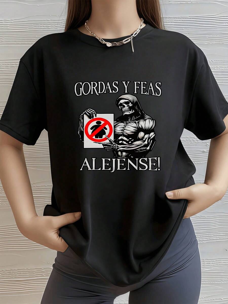 Esqueleto Musculoso Camisa de T con estampado digital de 220 gramos Gordas y Feas Alejense 1 unidad de 100% algodón puro Estilo Hip Hop Camisa de T casual de manga corta para mujer de talla grande - Negro - Ver 1