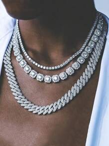 1 件菱形全水钻时尚闪亮链条项链，男女通用嘻哈风格，适合日常佩戴首饰