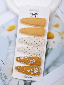 6件儿童发夹，印花婴幼儿女孩发夹，防滑包裹式发夹，花朵发夹，女孩发饰