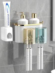 1pc Toothbrush Holder Wall Mounted, Bathroom Organizer With 4 Cups, Automatic Toothpaste Dispenser, Electric Toothbrush Holder, Adhesive Storage Caddy, No Drilling, Bathroom Accessories For Family & Adults, Essential For Halloween Guest Prep, Perfect Christmas Gift For Home. Bathroom Accessories Bathroom Tools - Multicolor - View 16