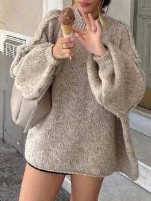 Women Casual Long Sleeve Fall Sweaters High Neck Solid Color Soft Ribbed Knitted Oversized Pullover Loose Fit Jumperih - Khaki - View 9
