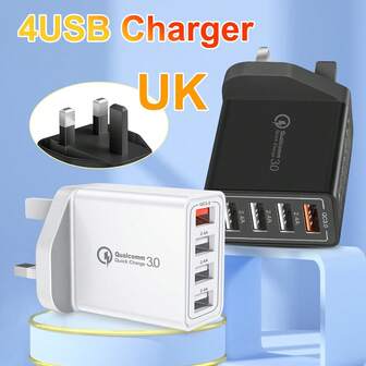 USB Plug, 4-Port Wall Fast Charger, UK Power Adapter With 33W QC3.0, Multiple USBA Charging Compatible With IPhone 16 15 14 13 12 Pro Max XS XR SE, Sam-Sung Galaxy, IPadhome,Officephone ChargerMulti-PortHigh Output Power