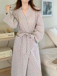 1Pc Women's New Style Kimono Robe, Korean Minimalist Comfy Sleepwear, Bow Decor Loose Casual Bathrobe Back To School