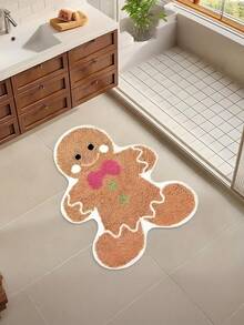 1pc Christmas Gingerbread Man Mat – Soft Faux Cashmere, Lightweight, Washable, Non-Slip & Fluffy | Festive Design With Pink Bowknot & Green Icing, For Christmas, Thanksgiving & Bedroom/Living Room Decor - Multicolor - View 2