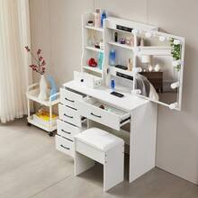 White Dressing Table With Drawers LED Mirror Stool Set Make Up Desk Vanity Table - White - View 6
