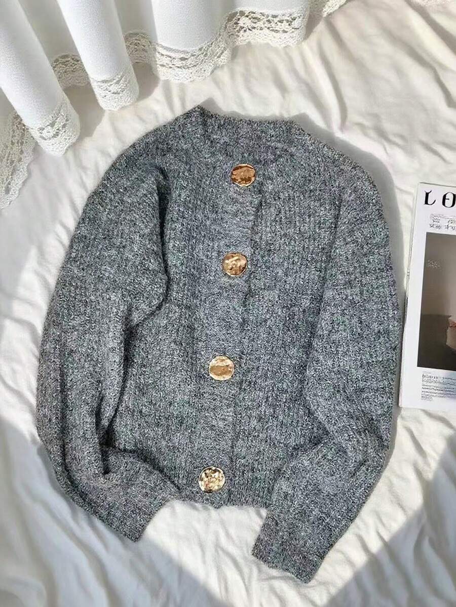 Women's Fashionable Oversized Soft Knit Cardigan, Casual Round Neck Loose Sweater With Large Buttons