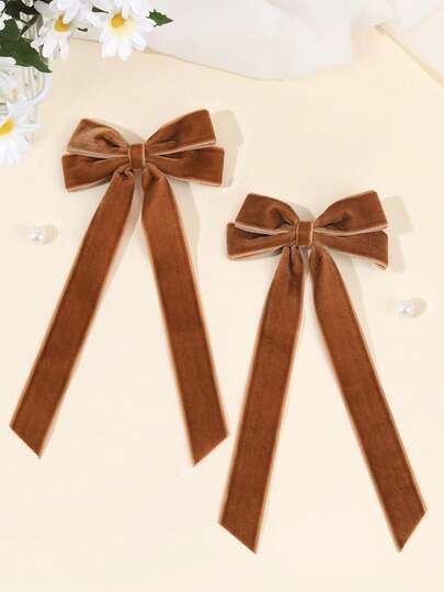 2 件棕色天鹅绒发饰，适合女孩，纯色长尾天鹅绒蝴蝶结鳄鱼夹，温暖发夹，简约日常发夹，蓬松纯色发夹，青少年发饰