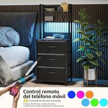Buros para recamara -Mesita De Noche de 6 Niveles,3 cajones Mesa Auxiliar con Estación De Carga de 2 enchufes y Puertos USB y Tira de luz LED,cajón de Tela de Cuero*3.(ármol+Negro) - Mármol+Negro - Ver 5