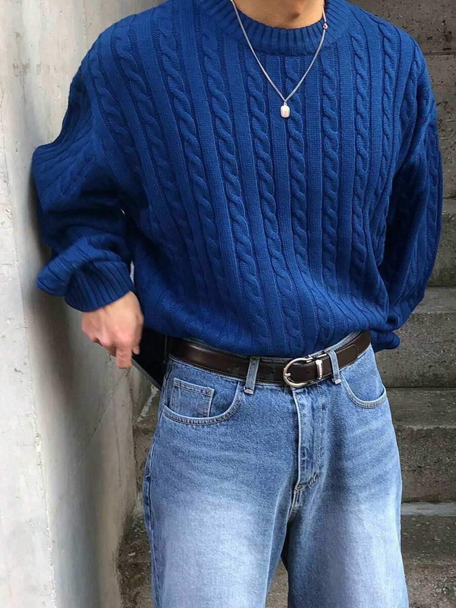 Suéter de cuello redondo, manga raglán y ajuste holgado con cordón, de punto trenzado, para hombre, estilo callejero de otoño y vuelta al colegio e invierno