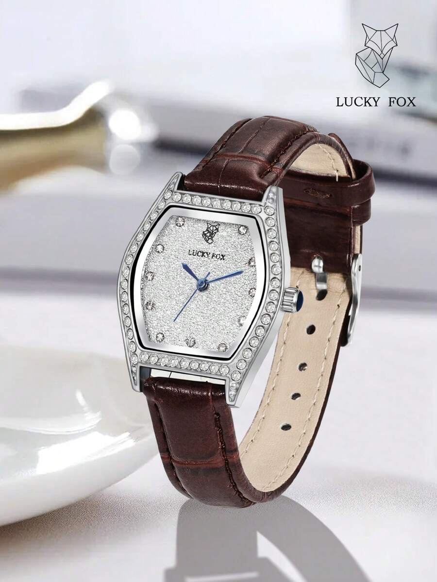 1 pieza Reloj de cuarzo con forma de barril y diamantes incrustados para mujer LUCKYFOX, esfera brillante, elegante y lujoso, adecuado para uso diario, accesorio, regalo de cumpleaños u ocasiones especiales